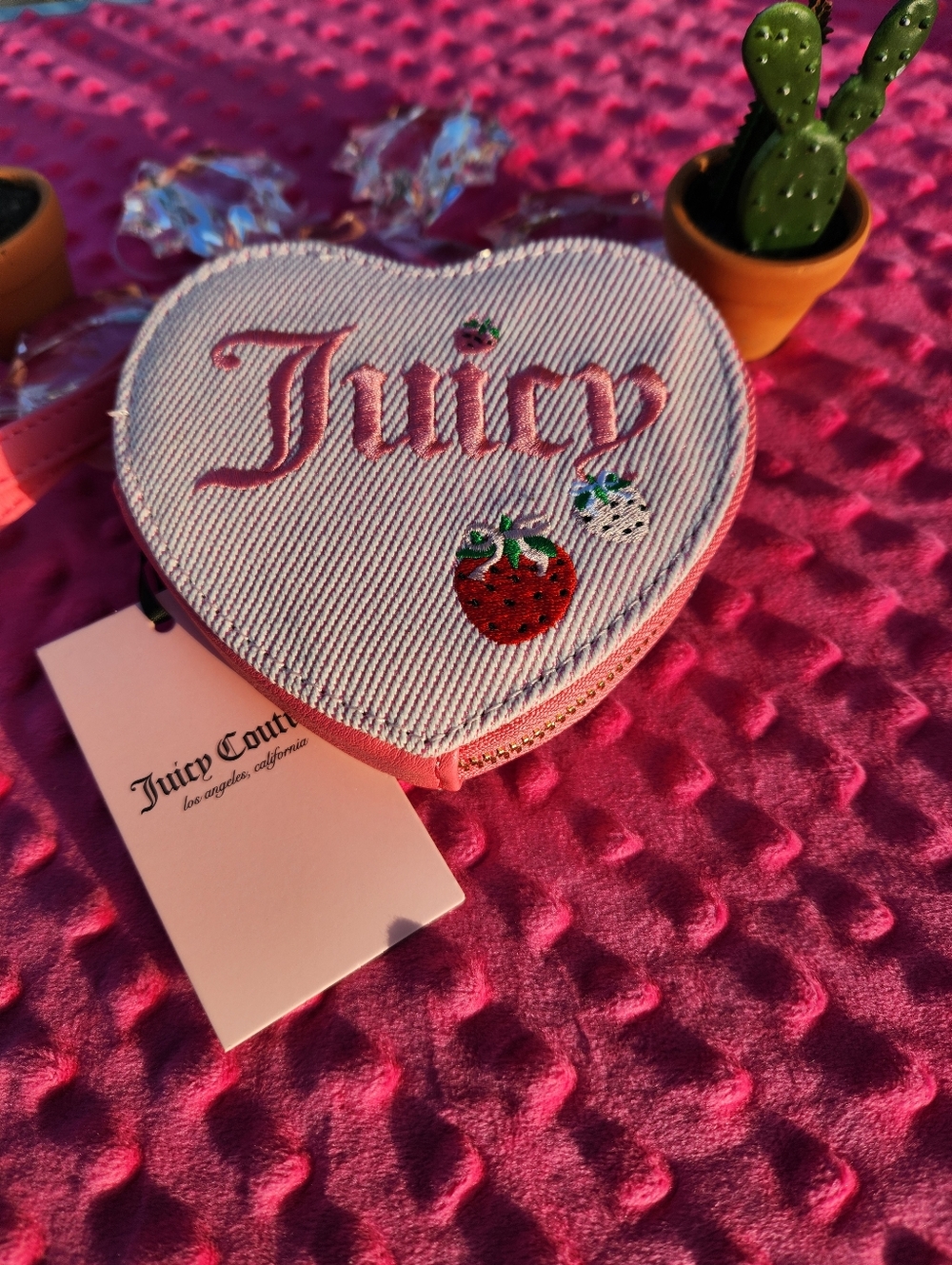 Juicy Couture Pink Heart Wristlet Coin Purse with Strawberry Embroidery - Picture 7 of 7
